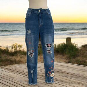 Floral Embroidered Distressed Ripped Boyfriend Jeans Y2K Boho Retro Grunge Large